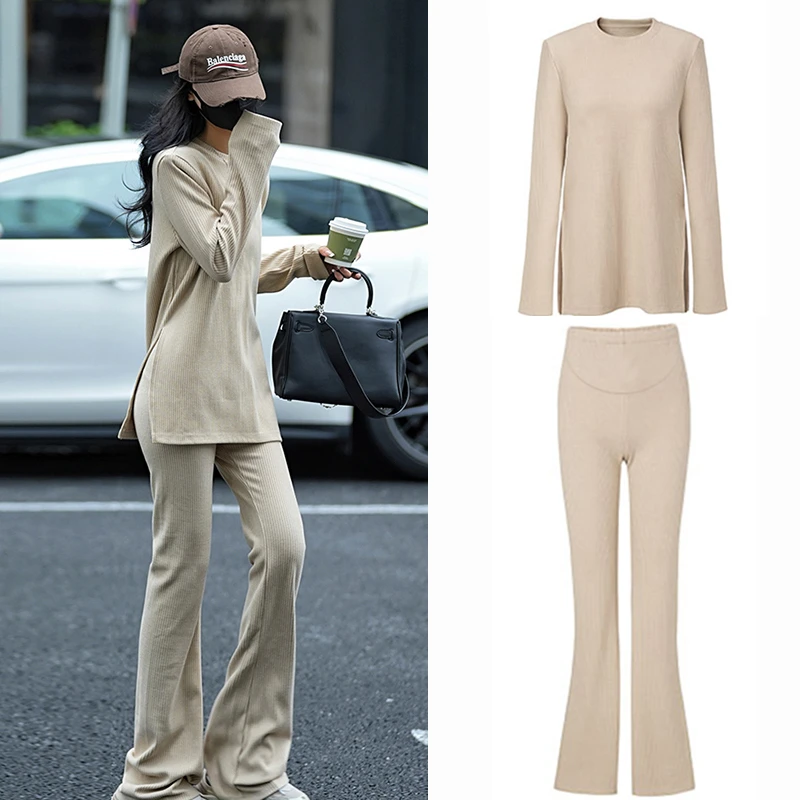 孕妇装春秋款孕妇套装简约高级感两件套孕妇微喇叭裤孕妇长款上衣