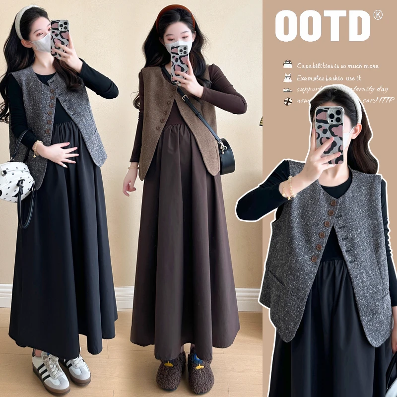 孕妇连衣裙2024秋冬新款韩版小香风复古马甲外套长裙大码孕妇装