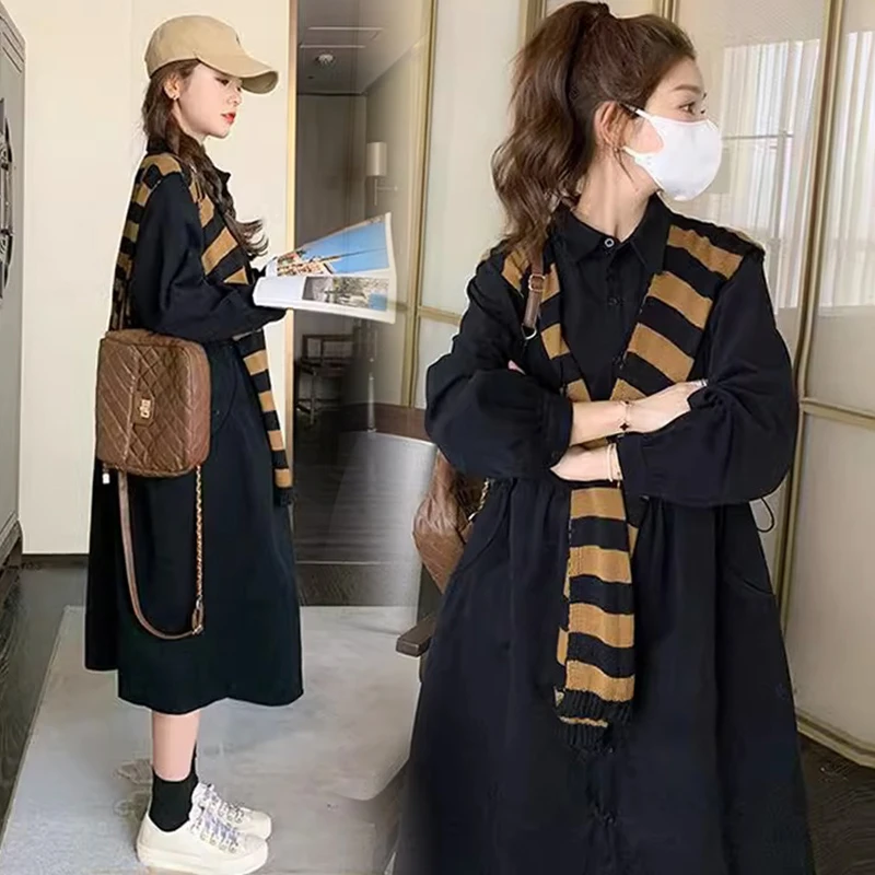 孕妇连衣裙2024新款秋冬披肩衬衫孕妇大码宽松法式桔梗茶歇连衣裙