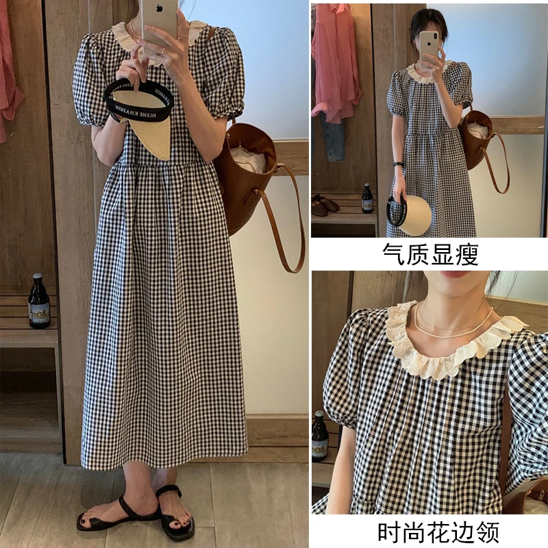 孕妇连衣裙2024夏季新款文艺格子减龄显瘦夏天孕妇装网红孕期裙子