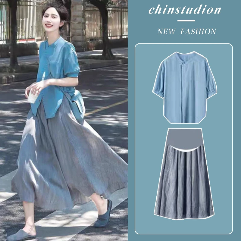 孕妇装韩系时尚气质衬衫上衣2024夏季新款轻熟高级感托腹半身裙