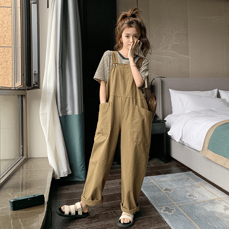 小个子孕妇装韩系减龄宽松休闲工装背带裤2024夏季新款高腰阔腿裤