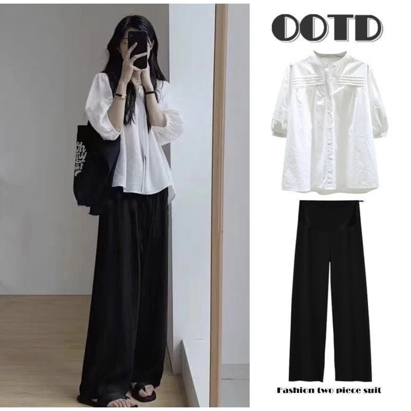 孕妇装夏装2024新款上衣时尚洋气时髦可调节托腹裤子短袖衬衫夏季