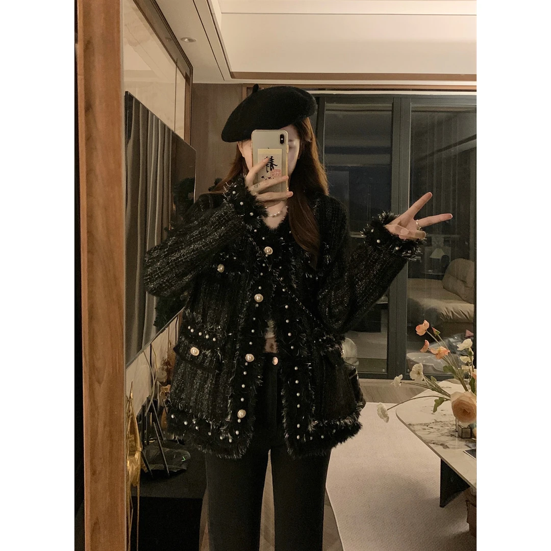 大码女装秋冬新款胖妹妹小香风重工珍珠针织外套时尚百搭宽松上衣