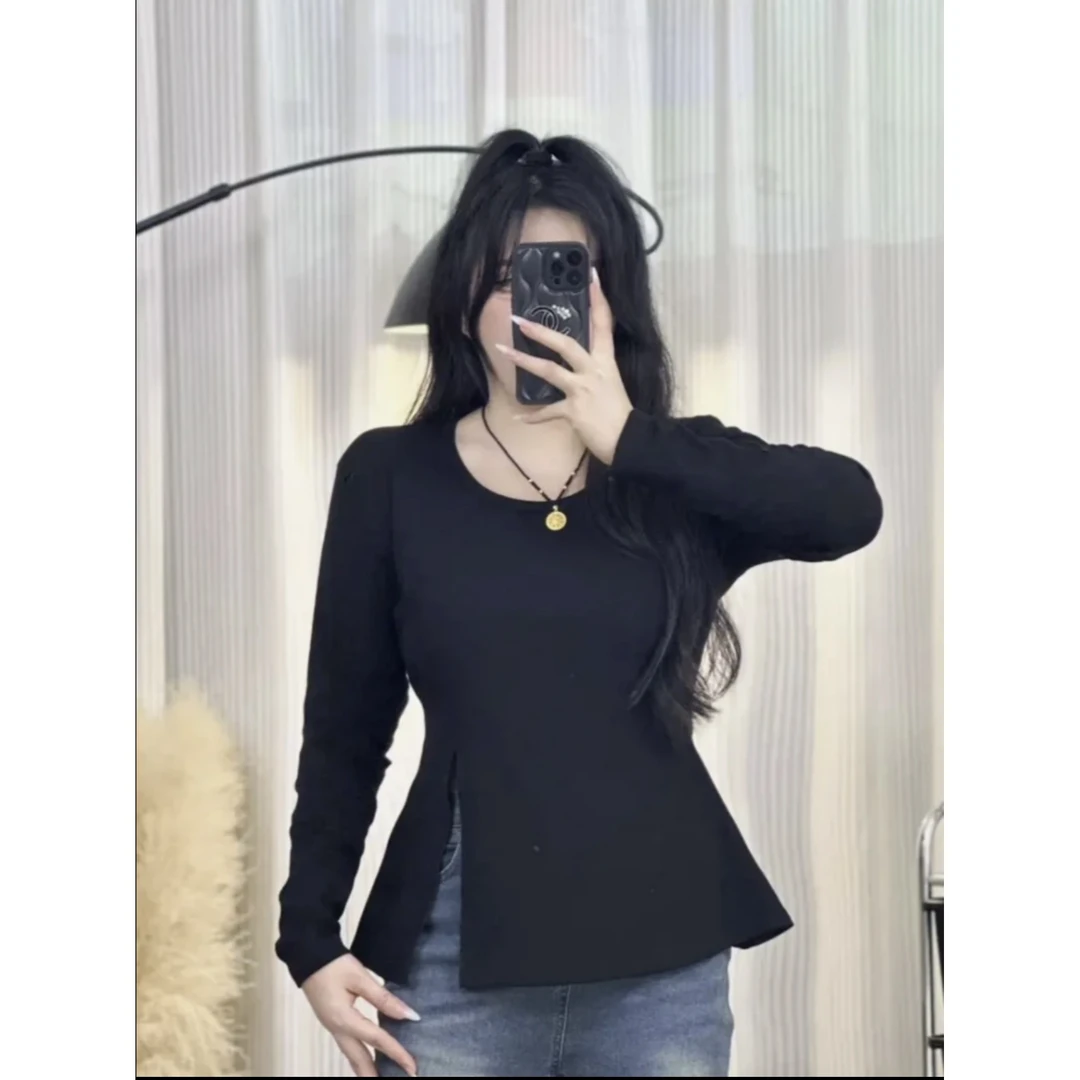 棉大码纯欲风开叉方领长袖t恤女秋季新款设计感显瘦不规则上衣ins