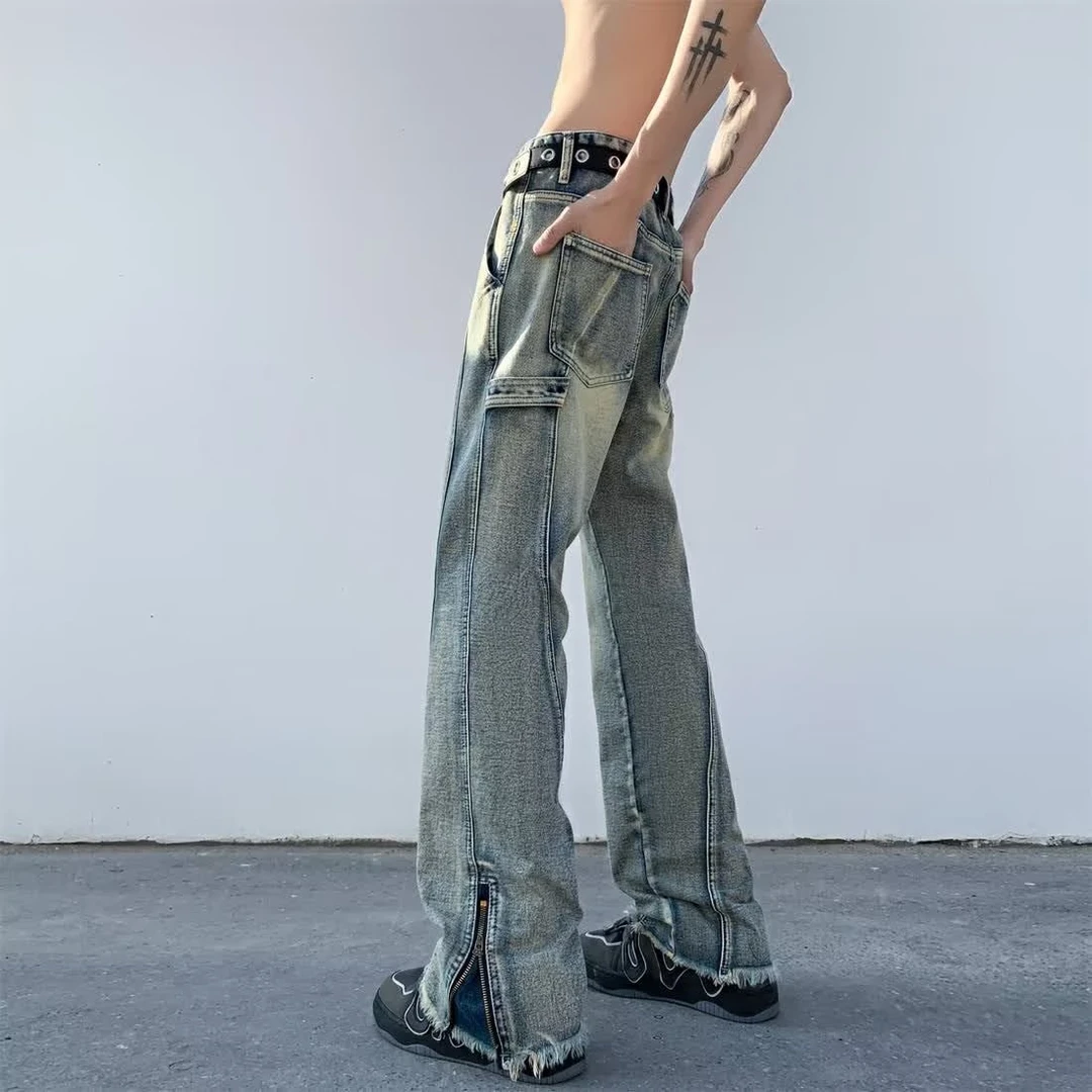 毛边微喇牛仔裤男vibe美式街头裤子hiphop潮牌裤脚拉链开叉直筒裤