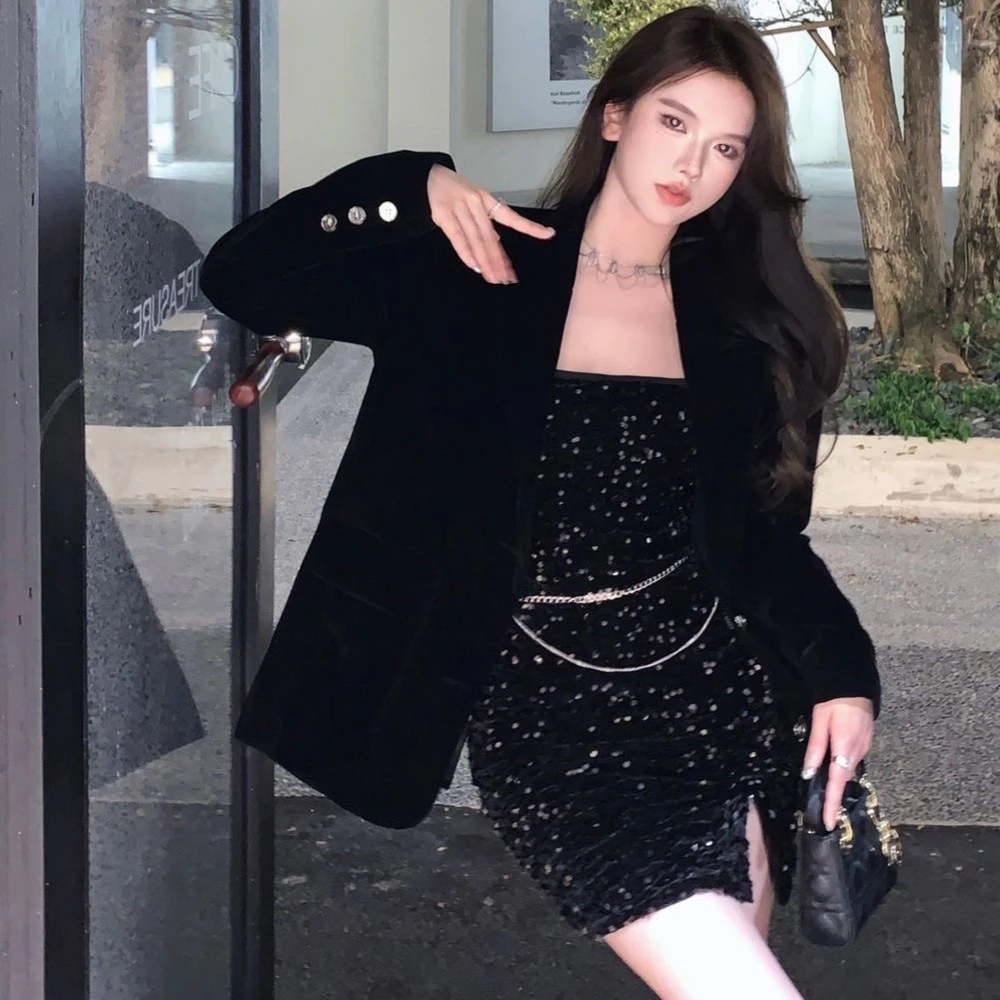 欲望都市 胖MM大码春夏性感纯欲风修身显瘦抹胸亮片裙+丝绒西装