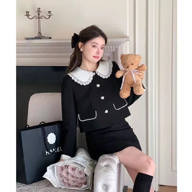 【胖巻卷】大码女装小香风娃娃领外套+半身裙两件套时尚套装3-7天