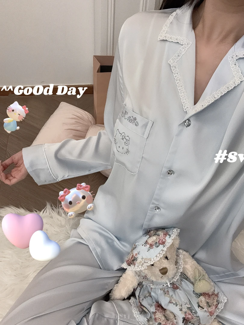【温蒂少女】睡衣女春秋季烫钻长袖长裤甜美风可外穿家居服套装