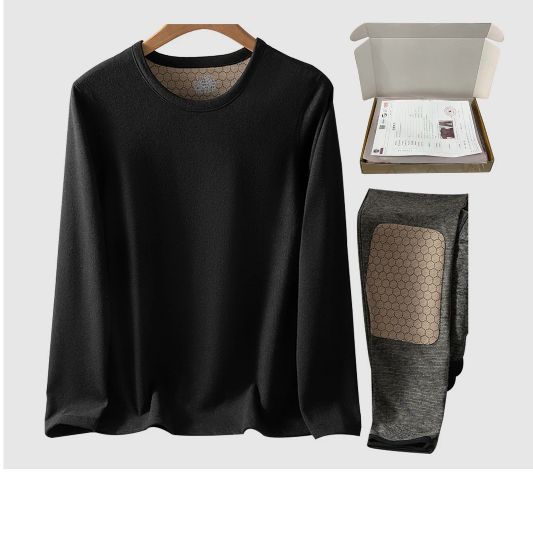 新款情侣莱赛尔蚕丝羊绒保暖套装黑金贴片双面加绒圆领修身秋冬季