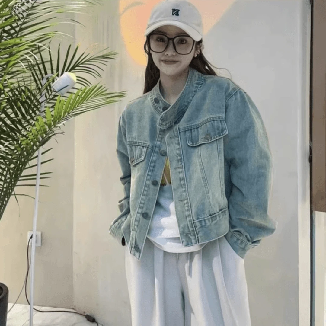 2024秋季韩版复古水洗牛仔外套女百搭短款丹宁风设计感休闲外套