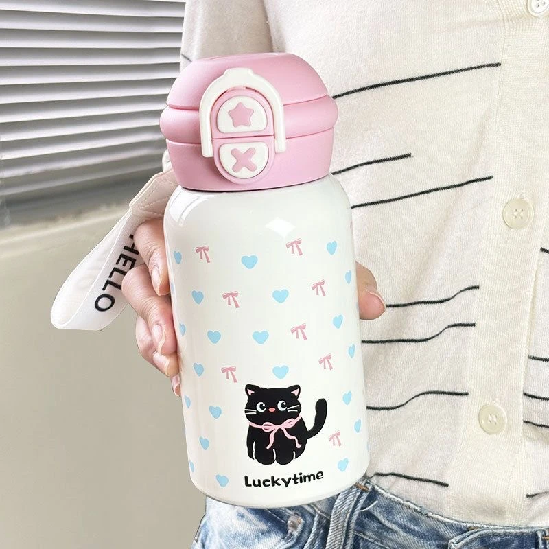 简约小猫保温杯可爱高颜值女生学生吸管杯儿童水杯保温杯
