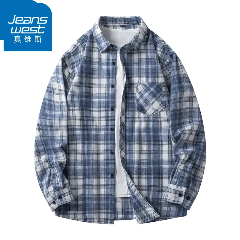 Jeanswest/真维斯青少年潮流衬衫新款宽松百搭格子帅气学生衬衣长