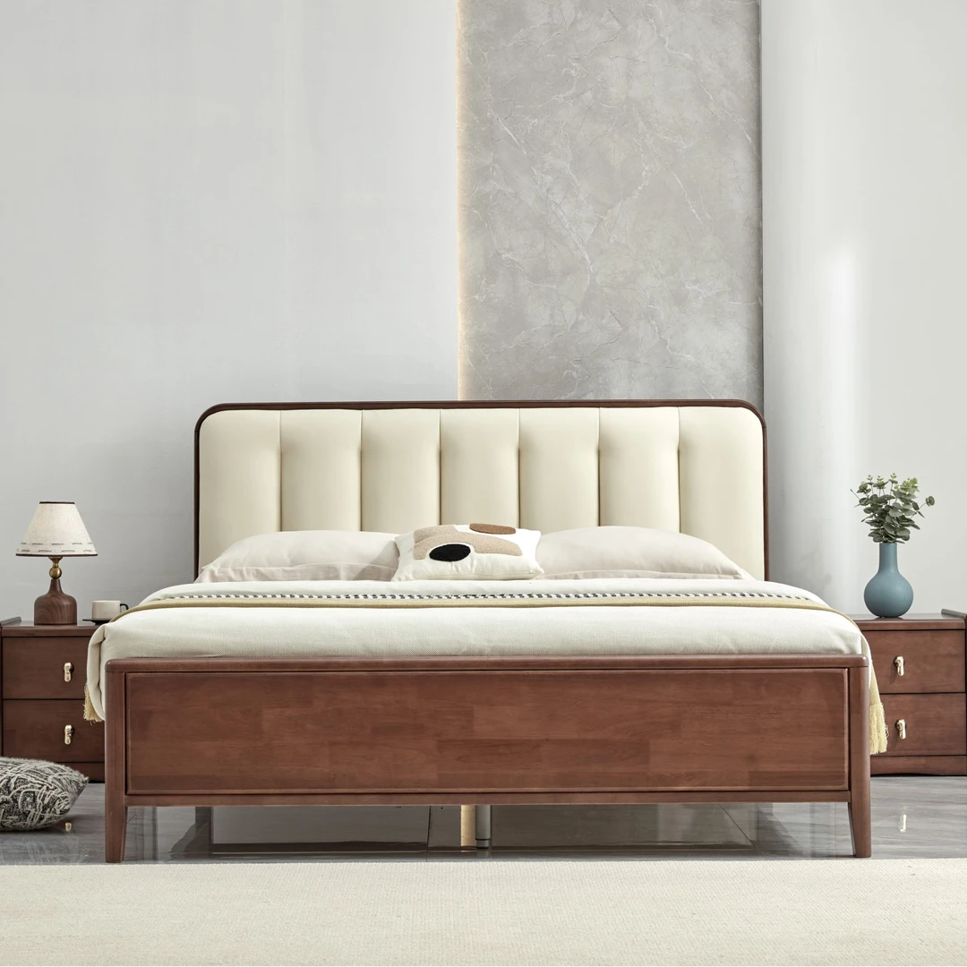 现代简约轻奢北欧奶油风大床家用成套主卧实木软包皮艺储物榫卯