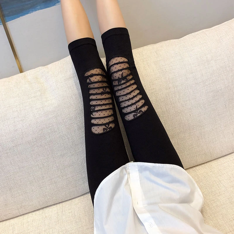 无品牌春秋季紧身外穿打底裤女薄款黑色网纱破洞七分裤女弹力网红