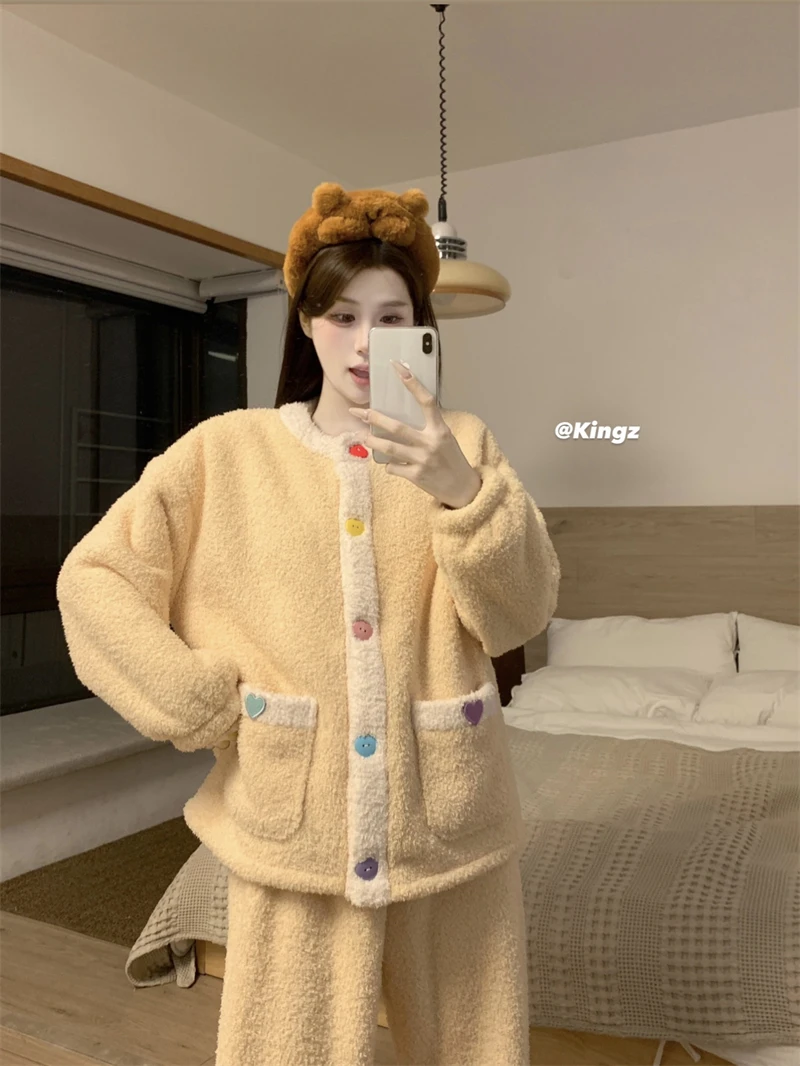 冬季新款桂花绒开衫可外穿加厚加绒家居保暖女睡衣