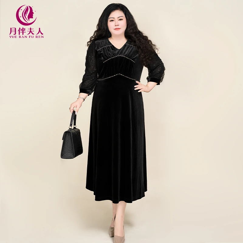 月伴夫人 2024秋季新款大码时尚拼接褶皱设计感优雅连衣裙7088