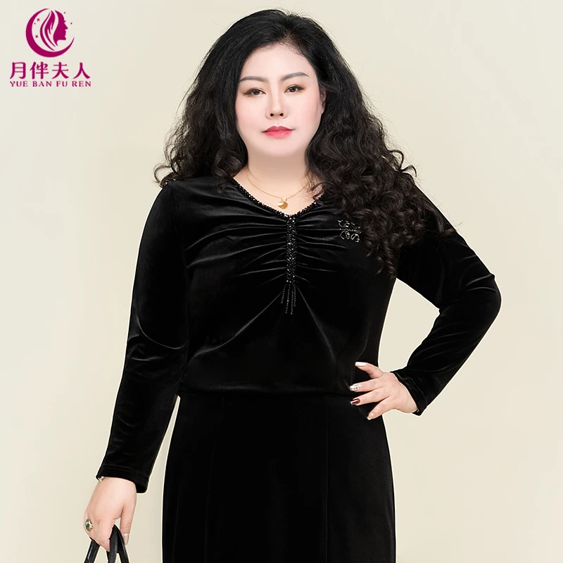 月伴夫人 2024秋季新款大码法式名媛V领褶皱钉珠丝绒长袖上衣3221