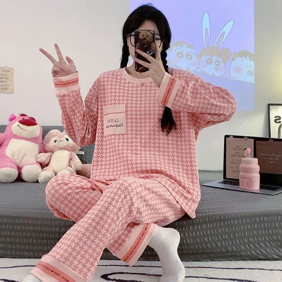 秋季新款睡衣女士粉色千鸟格长袖长裤家居服套装