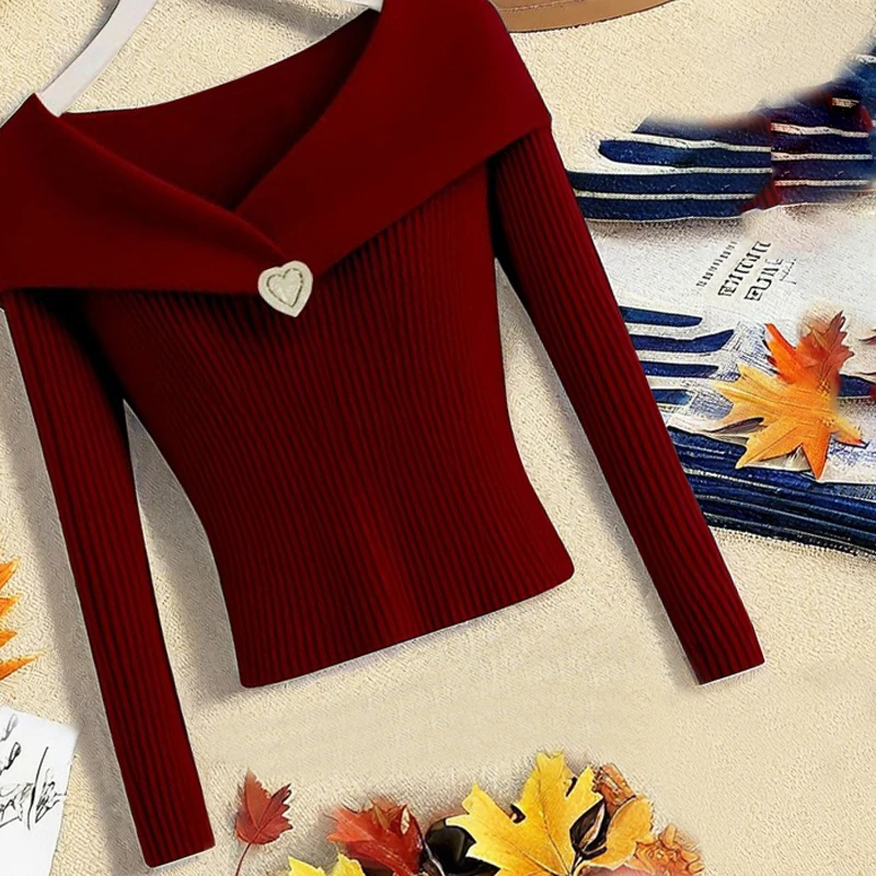 韩系chic酒红色针织毛衣女2024秋冬新款洋气高端别致内搭打底上衣