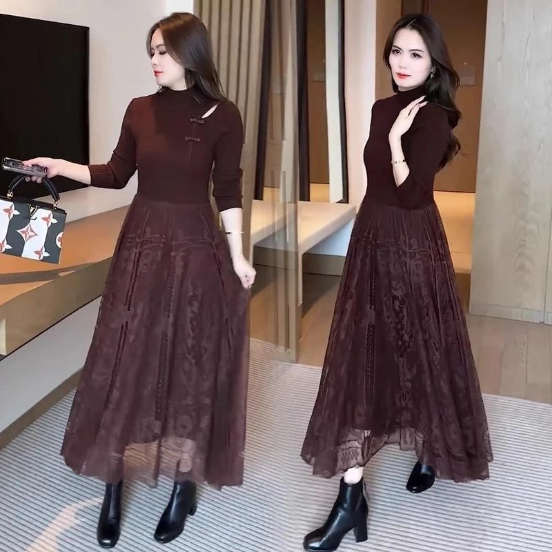 半高领连衣裙女装秋冬季2024新款中长款时尚气质过膝镂空针织裙子