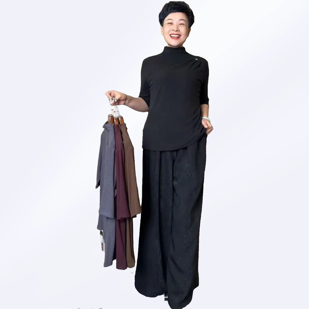 6822-秋款女装纯色简约修身弹力半高领五分袖打底衫