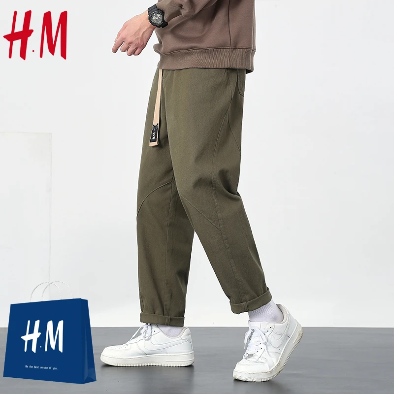 HM官方正品秋冬款休闲裤男士宽松直筒男裤工装裤潮流九分长裤子