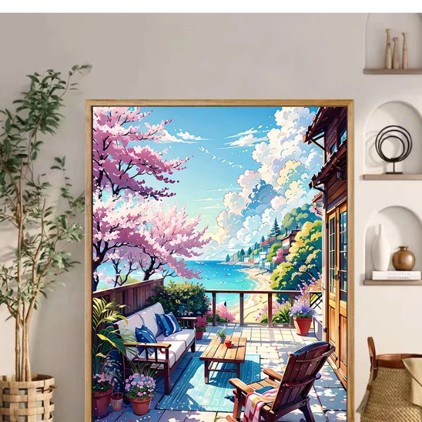 海边木屋风景绘画唯美diy数字油画手绘填色卧室书房客厅装饰挂画