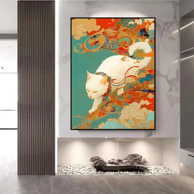 敦煌国潮风猫咪diy数字油画手绘填色客厅卧室书房油彩装饰挂画