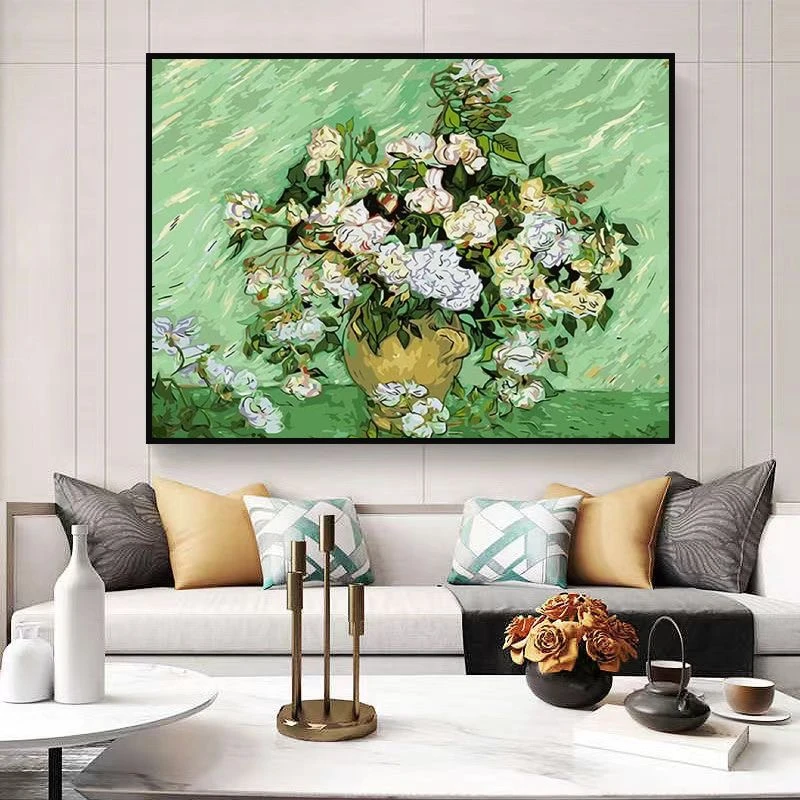 梵高玫瑰绿色系花卉 数字油画diy手绘填色名人名画油彩装饰画