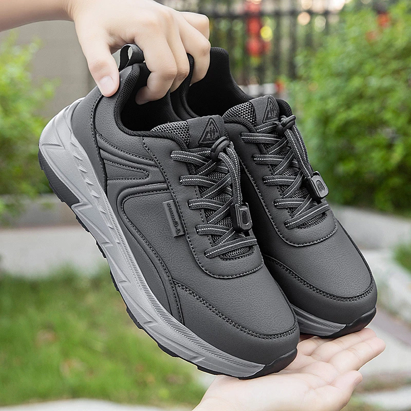 足力健安全老人鞋运动爸爸鞋防滑一脚蹬舒适轻便中老年健步鞋皮面