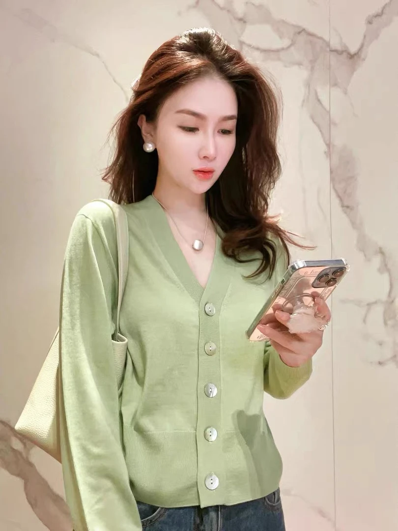 独家原创羊毛针织衫空调衫女单排贝壳扣纯色上衣开衫羊毛衫打底