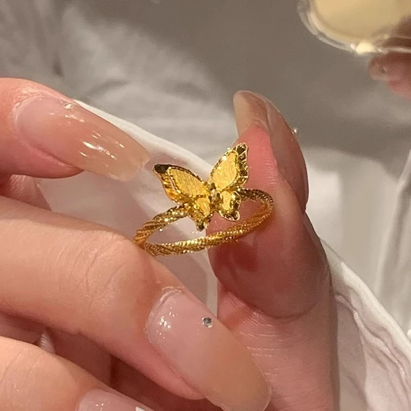 瑞诺黄金蝴蝶戒指足金999小众镜花蝶梦金戒子指环生日礼物送女友