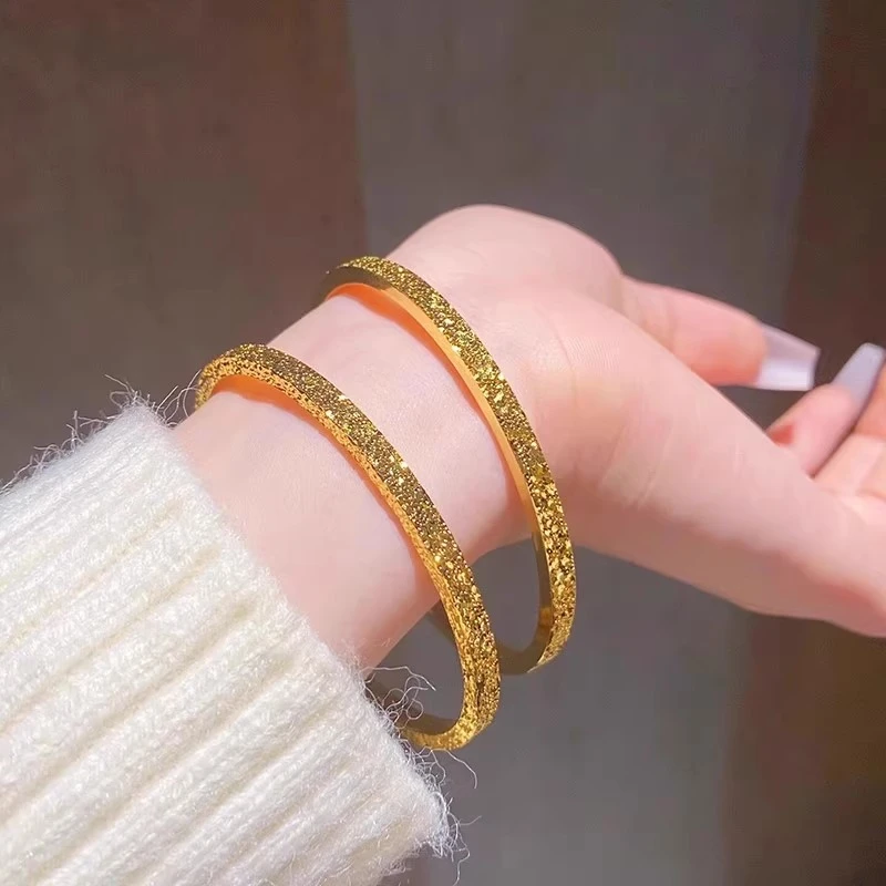 瑞诺黄金繁花碎碎冰手镯足金999简约素圈大金镯子送女友生日礼物