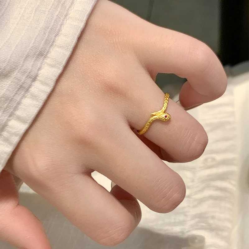 瑞诺黄金蛇形戒指女999足金素圈卷卷蛇戒指纪念生日礼物送女友