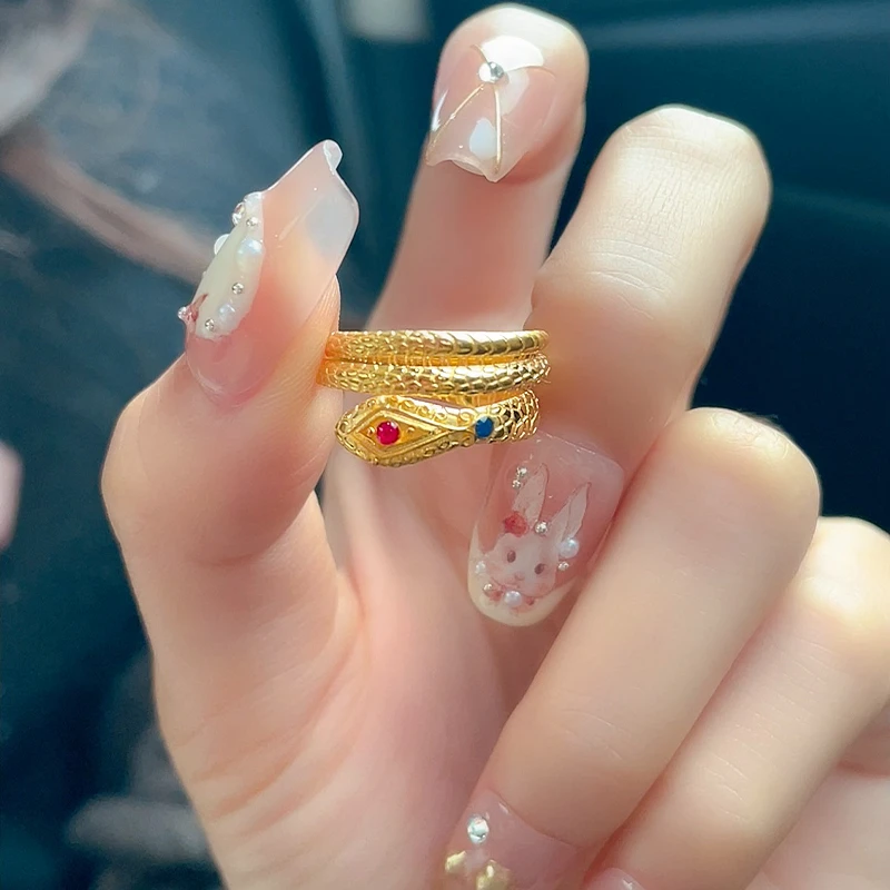 瑞诺黄金盘蛇形戒指女足金999小金蛇可调节指环本命年礼物送女友