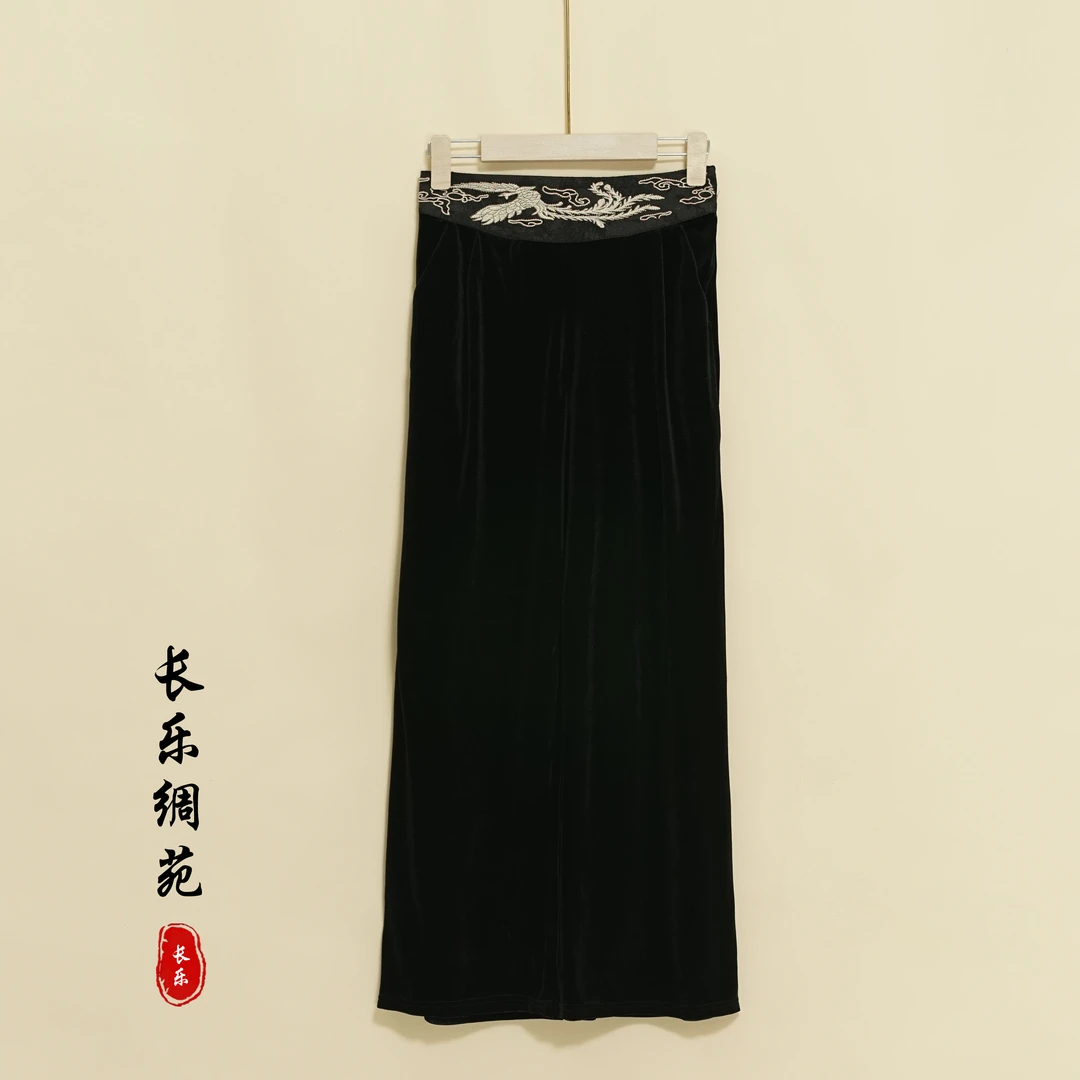 【长乐绸苑】新中式丝绒松紧腰刺绣直筒裤（C0113）