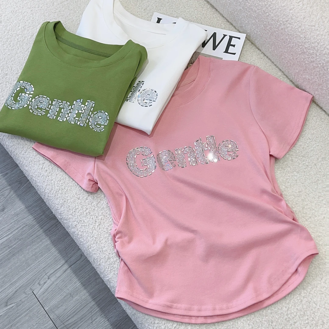 短袖t恤女2025新款设计感圆领夏显瘦不规则网红汤钻正肩潮牌上衣