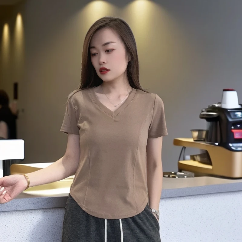 时尚新款纯色v领T恤夏季修身百搭设计感上衣正肩不规则气质短袖