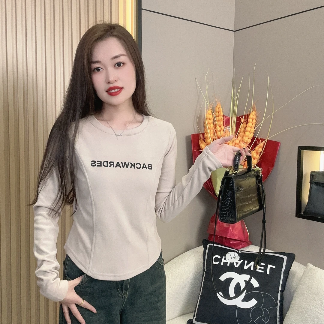 NBXPH 长袖t恤打底衫女2024早秋新款字母印花修身内搭圆领上衣