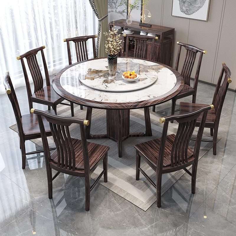 新中式乌金木全实木餐桌椅组合现代简约带转盘岩板大圆桌