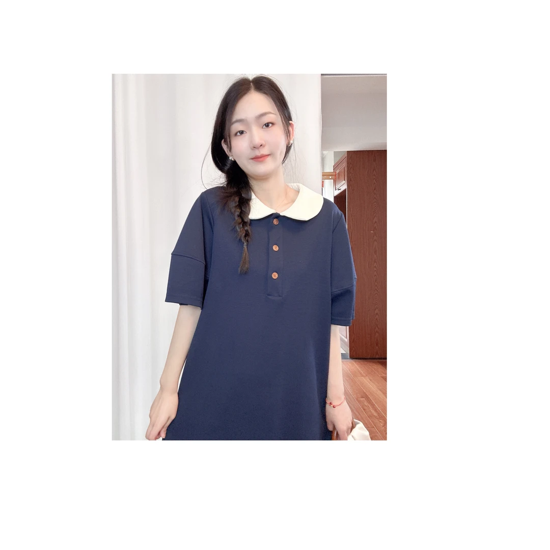 夏季韩系小个子polo撞色娃娃领连衣裙超显瘦连衣裙气质减龄短裙