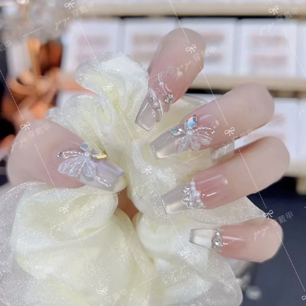 【月下蝶影】纯手工光疗穿戴甲纯手工蝴蝶猫眼初秋款短款美甲