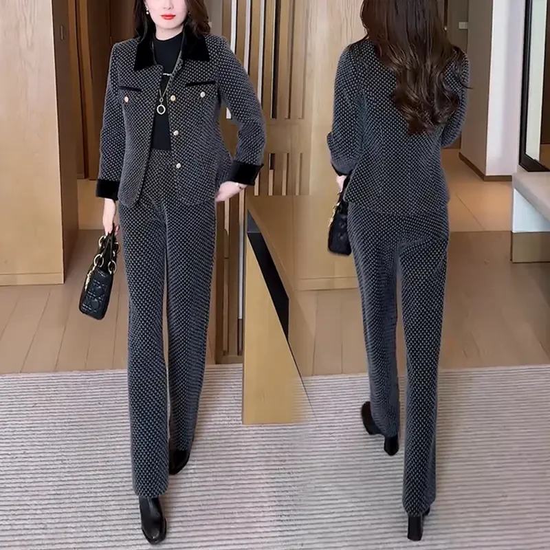 千鸟格时尚套装女冬季新款洋气显瘦夹棉加厚短款外套阔腿裤两件套