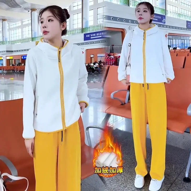 加绒加厚休闲运动套装女2024冬季新款洋气显瘦连帽卫衣卫裤两件套