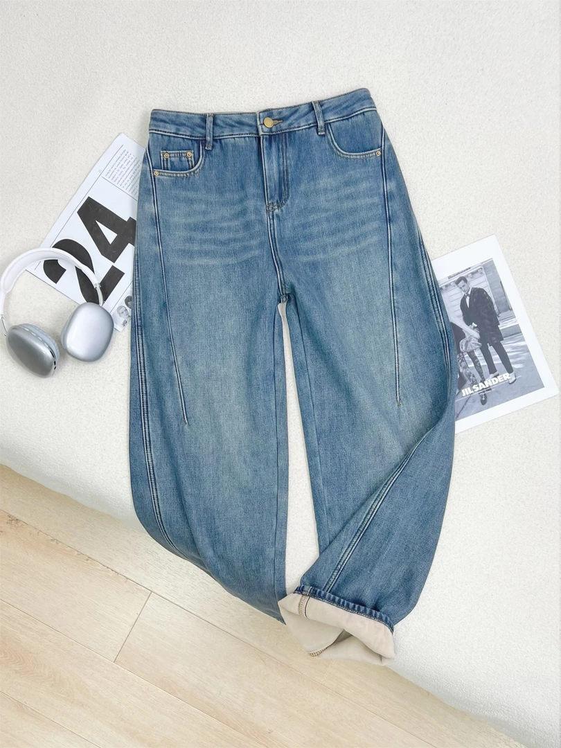 【女王洛克】简约休闲百搭加绒牛仔裤女微胖冬装女款裤子LK81263