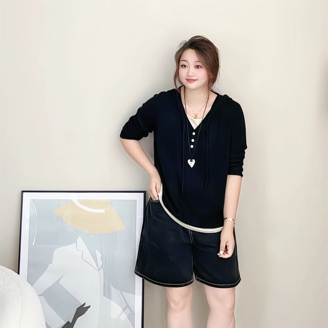 【女王洛克】设计感显瘦宽松假两件韩版连帽休闲衫减龄针织衫LK8827