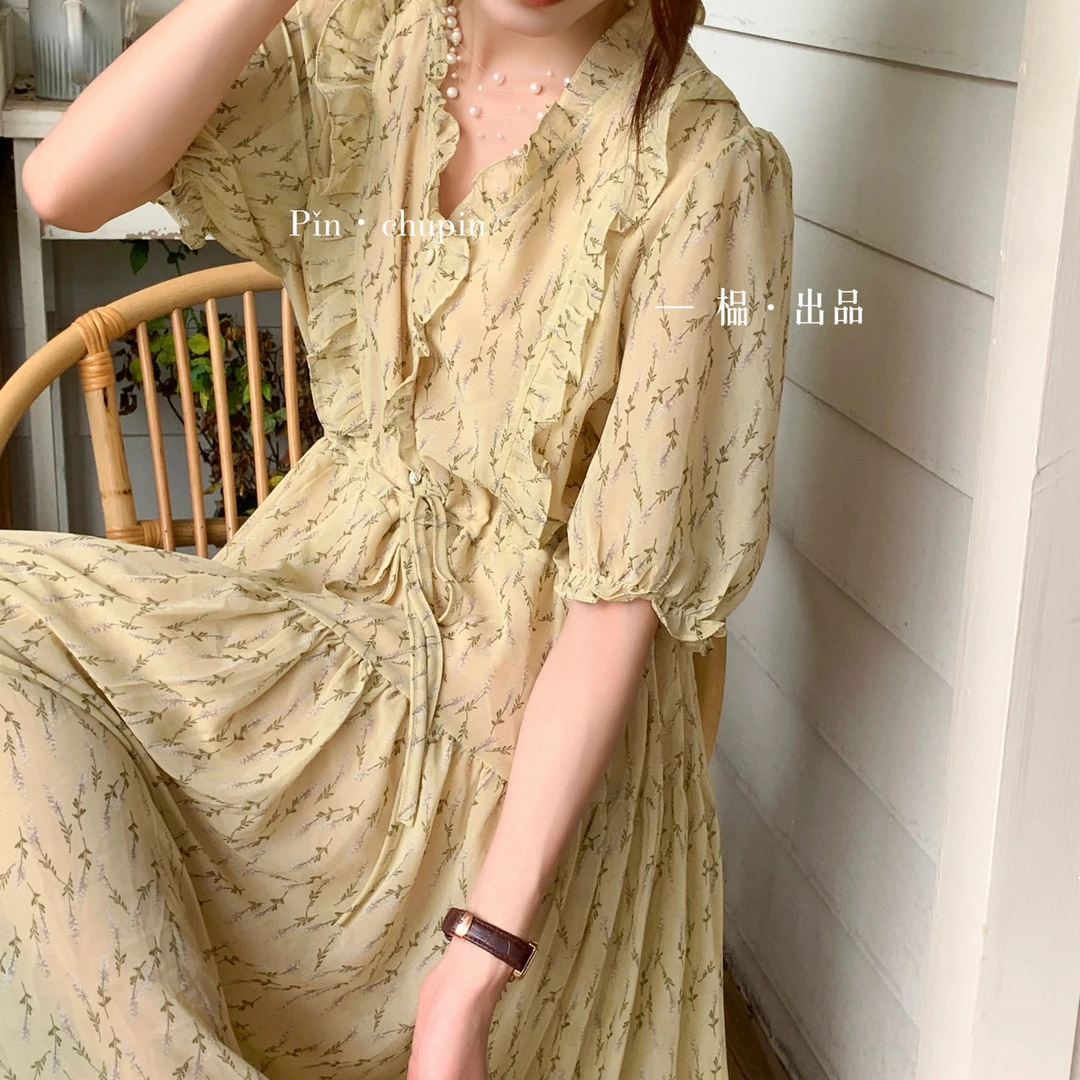 【榀家】｛溺爱芽黄｝韩系木耳边时尚复古气质减龄显瘦大版碎花连衣裙