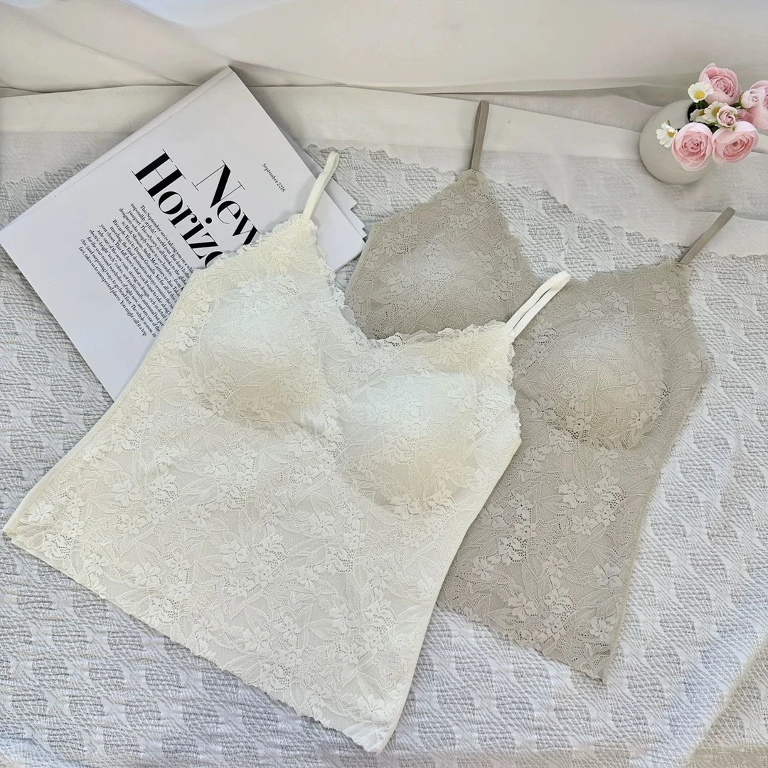 春上新法式蕾丝美背吊带女性感V领固定杯中长背心内衣显瘦内搭