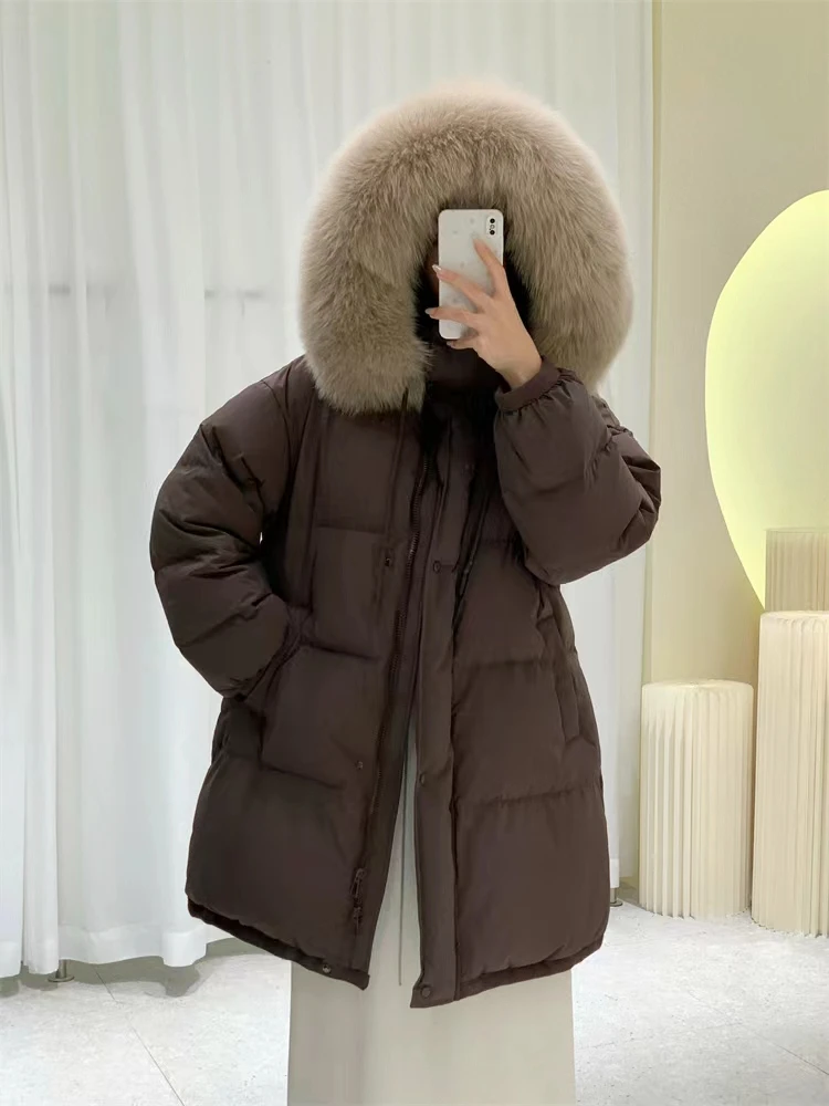 冬季新款狐狸大毛领中长款韩国东大门宽松休闲连帽女士羽绒服